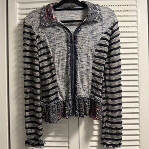 Alberto Makali  Navy Tweed Cardigan With Ruffle